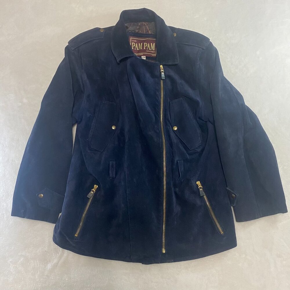 Pam Pam Leather Jacket Made In Canada Full Zip Navy Paisley Lined Army Retro M